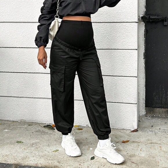 Black Casual Womens Maternity Flap Pocket Side Adjustable Waist Cargo Pants - Picture 1 of 6